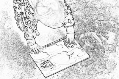 Black and white line drawing of an overhead view of the little girl's hands playing with her jigsaw puzzle on top of a stone table, wearing leopard print . She is seen from above in full body shot. The background features a large flat rock surface covered by moss. No color. High contrast lines suitable for coloring book style drawing. Aerial perspective. The girl has just finished building one side of the jTrypical scene made out of pieces of wood. . It’s a sunny day and she smiles while doing it. , no shading