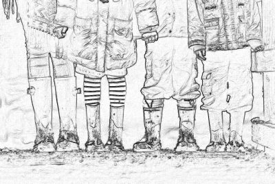 Black and white line drawing of children's legs in wellies, snow boots, jeans or leather pants, holding hands with their friends on the street, with pencil lines and shading to capture every detail.