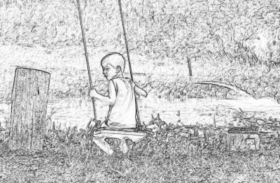 A boy sitting on a swing in a children's playground, with trees in the background. The drawing is done in pencil in a black and white sketching style, using simple lines without shadows. The background is clean with a detailed full body portrait of the boy in side view sitting on a wooden bench. Trees are behind and around him, with a grassy ground and cars parked in the distance. A distant river is visible and children are playing nearby. No text or letters have been added to any part of the picture.