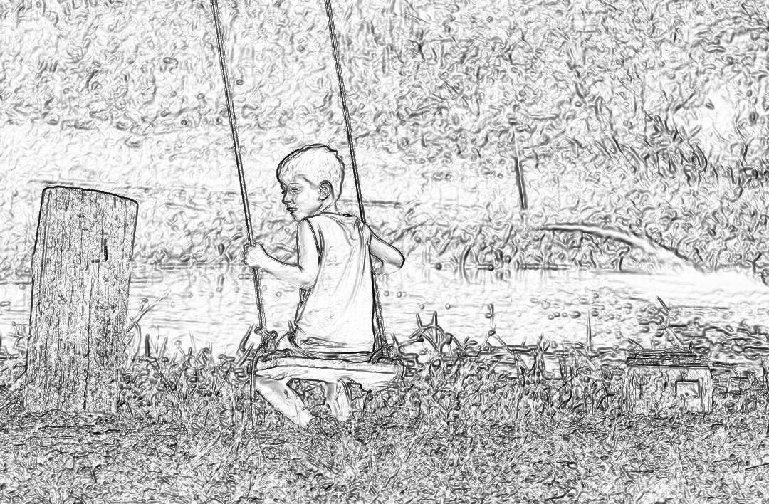 A boy sitting on a swing in a children’s playground, with trees in the background. The drawing is done in pencil in a black and white sketching style, using simple lines without shadows. The background is clean with a detailed full body portrait of the boy in side view sitting on a wooden bench. Trees are behind and around him, with a grassy ground and cars parked in the distance. A distant river is visible and children are playing nearby. No text or letters have been added to any part of the picture.