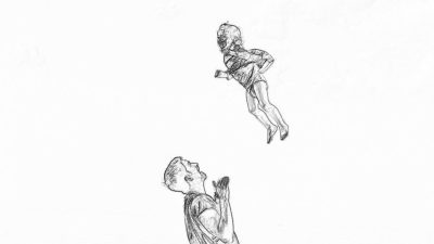 simple pencil sketch of peter pan flying above young john green, white background, minimalist