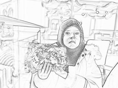 A coloring page of an obese woman in winter  holding up a large bowl of borscht, inside a Russian restaurant with traditional carousels and decorations, drawn in the style of a simple pencil sketch, with low detail, a simple design, low resolution, no shading, low color saturation, no shadows, low contrast, no background, low quality, showing the full body but with no hair, skin details, eyes, nose, mouth, ears or teeth.