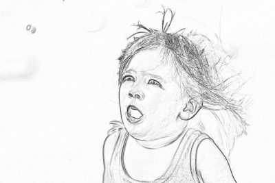 A rough pencil sketch of an adorable toddler girl, mouth open in awe as she watches the soap bubbles flying above her head. She has short hair and is wearing sleeveless top. The background should be white to highlight the child's features. Drawn with simple lines, no shading or color for easy coloring by hand