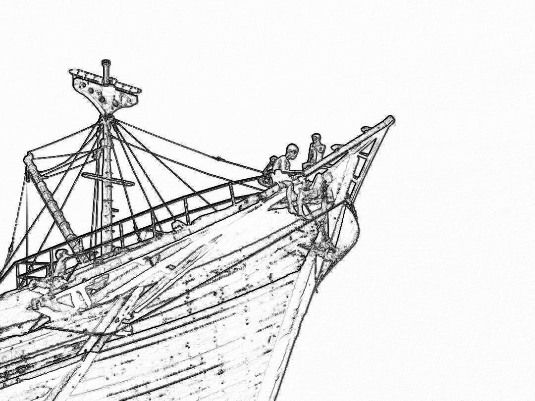 a line drawing of the bow and figurehead on an old wooden ship with people working, white background, low detail