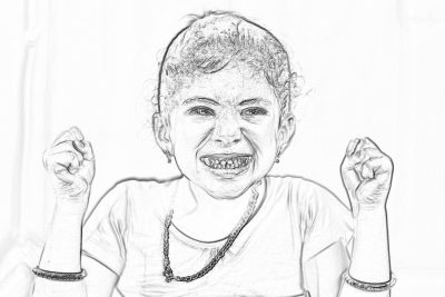 Black and white sketch of an adorable little girl with short hair, wearing sports , smiling while raising her fists in excitement. She has braces on her teeth that show through the smile. The background is pure white.