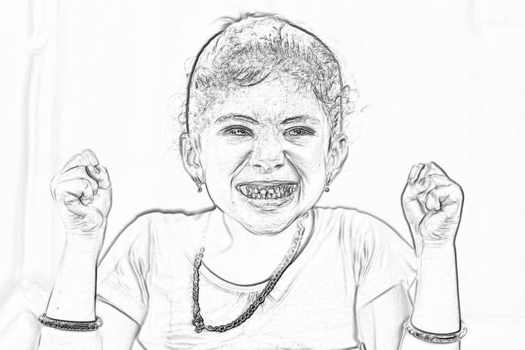 Black and white sketch of an adorable little girl with short hair, wearing sports , smiling while raising her fists in excitement. She has braces on her teeth that show through the smile. The background is pure white.