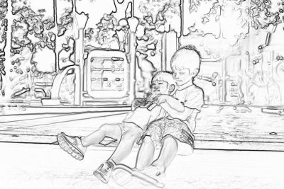 A coloring page of two children playing together on the sidewalk, one child sitting and holding another's hand as they play in an urban park setting with city buildings in the background. The scene is captured from behind them so that you can see their faces. They appear to be laughing and having fun while enjoying each other's company. This drawing emphasizes details like textures for shading, capturing movement, and creating outlines suitable for colorists to add colors to create vibrant images in the style of the artist.