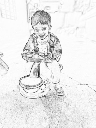 A cute little boy is sitting on top of a fire hydrant playing with his feet, smiling happily at me in the style of pencil drawing. The background features an urban street scene with a low angle perspective. He wears jeans and has short hair. His hands playfully touch the buttons as he plays. Black and white sketch lines. High resolution, detailed lines, with simple details.