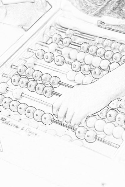 A pencil sketch of an abacus with one hand holding the beads, symbolizing mathematical working out in black and white. The focus is on the details of each bead as they move along the intricate pattern of strings, conveying precision withinoredness. This closeup shot captures that moment when children's hands handle an ancient chinesestyle calculator with big large patterns and color, creating a nostalgic atmosphere of numbers and math activities.