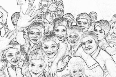 A pencil sketch of happy kids at school, smiling and waving to the camera, all standing close together in an crowd, with some leaning towards each other, laughing out loud. The drawing captures their excitement as they look directly into the lens, showcasing diversity among boys and girls, some wearing sports or uniforms, others dressed up for carnival or celebrating Christmas. It's a joyful scene filled with happiness and energy. by WilliamOUNTRY." style raw line art