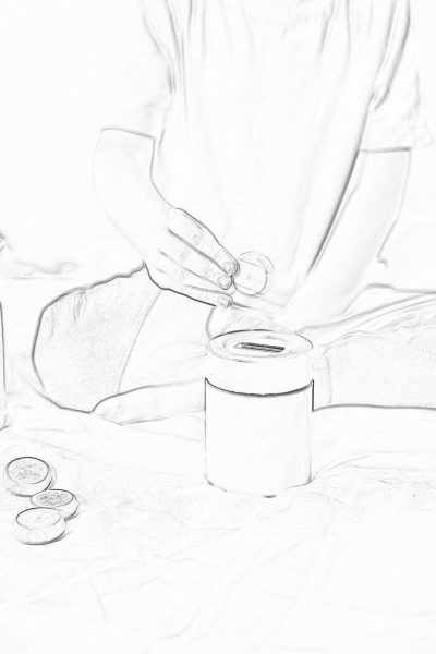 Black and white sketch of young man putting coins into paper money box, lying on the table, sitting in bed, closeup shot, minimalistic style, simple lines, simple details, white background, high contrast, bright light, warm tones, soft shadows, focus is on hands holding coins near the beige paper bucket with black tape. There should be no text or symbols on tshirt, only one color. Image without text or letters. No typography. The person has short hair. Paper tube for cash next to him. It's summer outside his window.