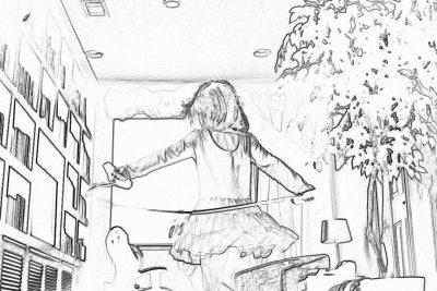 A little girl in ballet outfit, dancing on the glass ceiling of her living room with two long wires connecting to trees outside. The drawing is done in black and white pencil style. It shows an indoor scene with buildings visible through large windows. A friendly ghost hovers nearby. There's no text or other elements present in the background. This sketch emphasizes details like light reflections from window panes, the texture of dancer’s costume fabric, and the silhouette effect created by wire." full body shot