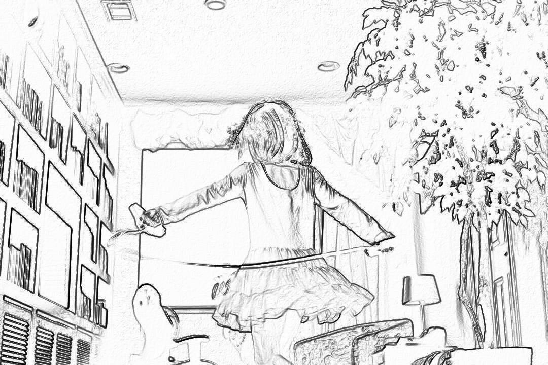 A little girl in ballet outfit, dancing on the glass ceiling of her living room with two long wires connecting to trees outside. The drawing is done in black and white pencil style. It shows an indoor scene with buildings visible through large windows. A friendly ghost hovers nearby. There’s no text or other elements present in the background. This sketch emphasizes details like light reflections from window panes, the texture of dancer’s costume fabric, and the silhouette effect created by wire.” full body shot