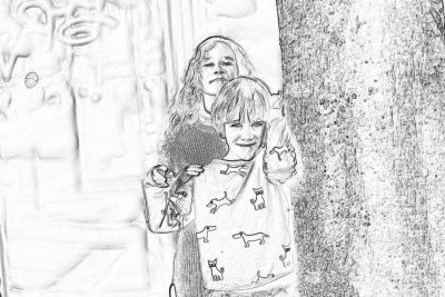 Black and white line drawing, in the style of children's graffiti, of two girls holding hairbrushes smiling at the camera, with a simple background, carved on a stone wall. The little girl is wearing dog-patterned pajamas with long sleeves and pants. High resolution.