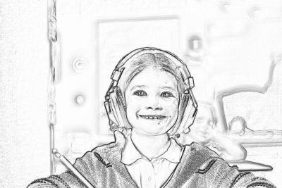 A simple pencil drawing of happy young girl wearing headphones, smiling at the camera while playing with her toy kitchen set in front of an interactive whiteboard, high resolution black and white line art, minimalistic illustration, flat design, clean lines, rendered using Cnetepic sketching techniques on adobe illustrator,