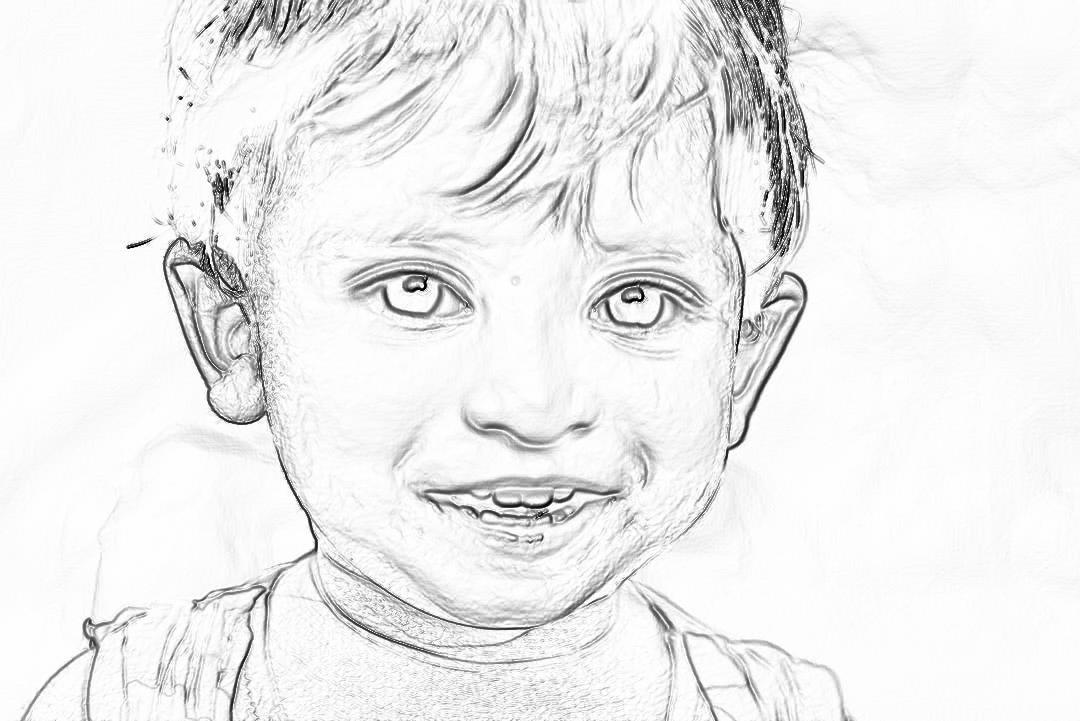 black and white pencil drawing of a smiling young boy, white background, coloring page style, no shadows in the style of no artist