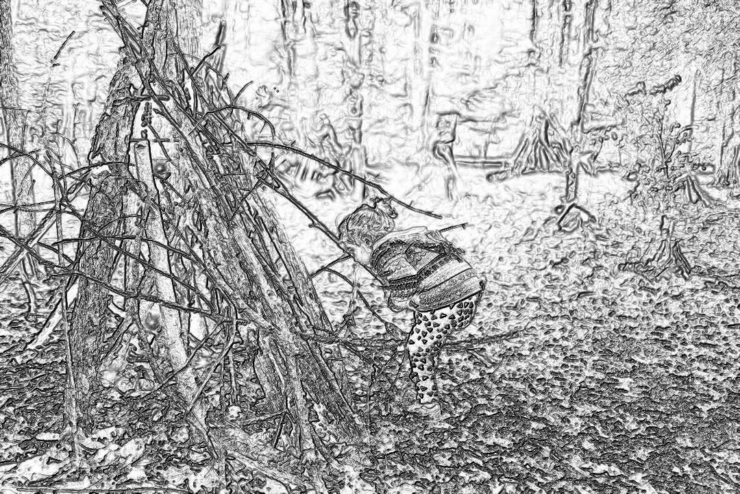 Black and white pencil sketch storyboard of woman wearing leopard skin tight , crouching in the woods near her tent made from sticks trying to catch some wildlife camera, wide shot