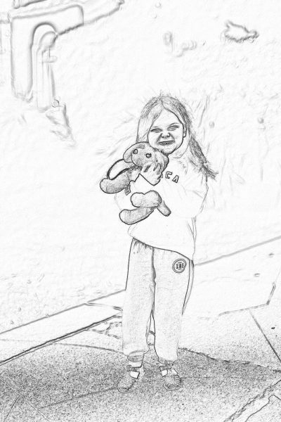 simple black and white drawing of a girl holding a teddy bear, in a simple pencil sketch style resembling a children's book illustration, showing her full body, with flat color and no outlines. The drawing depicts an 8 year old boy with a cute, smiling face showing his teeth, wearing sweatpants and a tshirt with jeans, standing on a sidewalk in a city street.