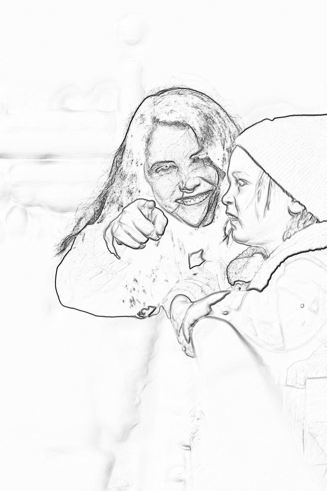 simple pencil sketch, mother and daughter smiling and pointing at you in the snow, in black and white style.