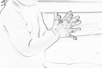 A baby's hand is being washed in the style of his mother, closeup of the hands and fingers, simple lines on a white background in the pencil drawing style with simple details and coloring.