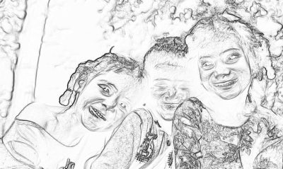 Black and white line drawing of three happy girls with special needs, laughing together in the park. High resolution, detailed, photorealistic quality, depth, high contrast, natural lighting, sharp focus, intricate details, professional photography, full body shot, wideangle lens, bright daylight. The background is blurred to emphasize their faces. A warm smile on each face highlights joy and friendship. This scene conveys positivity and diversity through smiles.