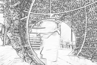 Black and white line drawing of the interior design, huge circular tunnel made from giant pieces of wood with lots of details, with an entrance in which there is a large mirror reflecting another world, inside it can be seen a space full of furniture and people dressed as aliens. The whole scene has been created using vector graphics. There's also some vegetation on top of all these objects. All images captured by blackandwhite pen sketchy lines.