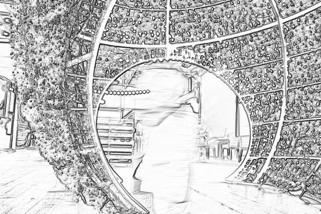 Black and white line drawing of the interior design, huge circular tunnel made from giant pieces of wood with lots of details, with an entrance in which there is a large mirror reflecting another world, inside it can be seen a space full of furniture and people dressed as aliens. The whole scene has been created using vector graphics. There’s also some vegetation on top of all these objects. All images captured by blackandwhite pen sketchy lines.