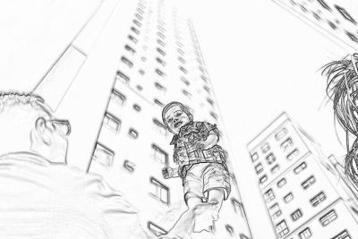 Black and white storyboard sketch of a young boy dressed as a navy seal, climbing up the side of a tall building in New York City with family watching from the street level below, in a high angle shot with a wide view and simplified lines.