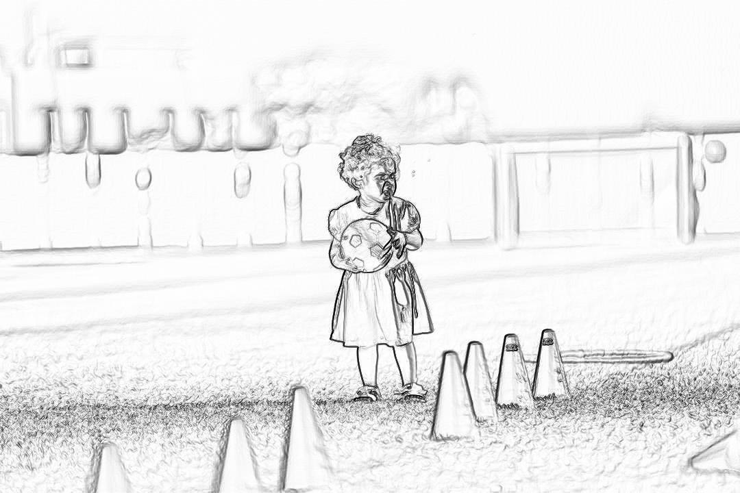 A simple black and white pencil sketch in the style of a storyboard of a little girl standing on the schoolyard holding her painting brush, surrounded by small traffic cones.