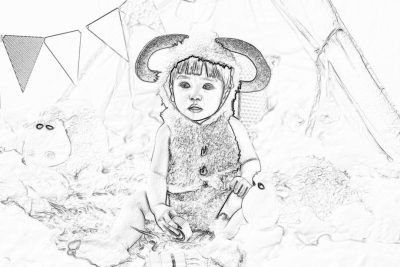 Black and white line drawing, a cute little girl wearing a sheep costume playing in the snow with a felted blanket. She has two small horns on her head, standing inside a tent with birthday decorations. A little bear is next to it.