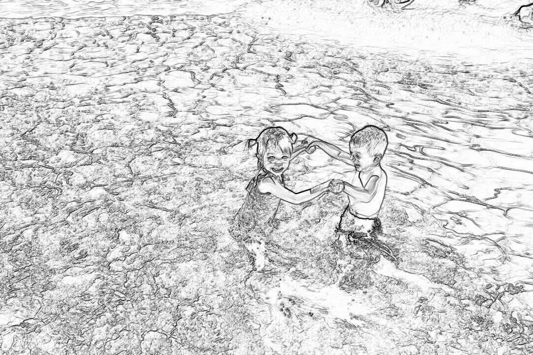 Black and white storyboard line drawing of Two children playing in the water, on their knees with arms outstretched, hyper realistic, wide shot, daylight, high angle shot, wet sand,