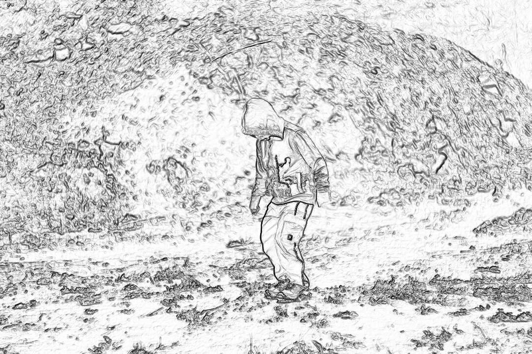 A man carrying large dirt in the middle of an ancient battlefield, line art style, pencil drawing, simple design, black and white, no background details, high contrast