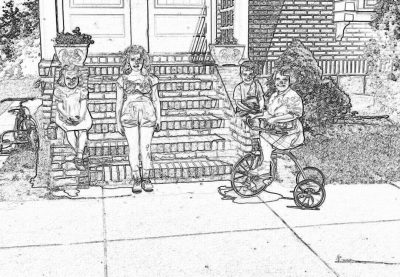 A black and white line art illustration shows three people standing on the front steps of their house, with two boys playing with one girl's toy tricycle between them. The woman is holding out her phone to take pictures. It is a sunny day. In the style of realistic water color and pencil.