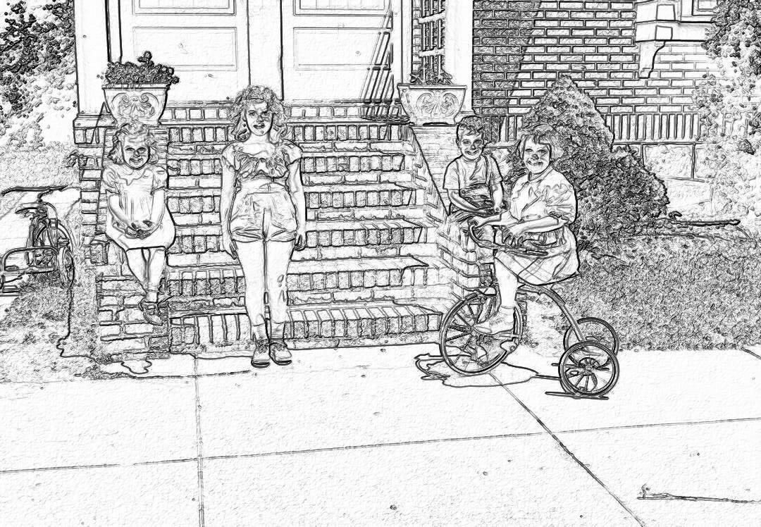 A black and white line art illustration shows three people standing on the front steps of their house, with two boys playing with one girl’s toy tricycle between them. The woman is holding out her phone to take pictures. It is a sunny day. In the style of realistic water color and pencil.