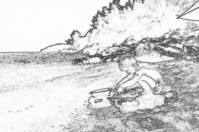 Black and white line drawing, coloring page style of a little boy playing with sand on the beach. The background is white, with some details in color to be colored by children. There's an old wooden boat behind him. He has his hands covered up as if he was building something out there. In front of him lies a big pile of rocks. It should feel like a scene from island life, and capture young joy and freedom in the style of island life.