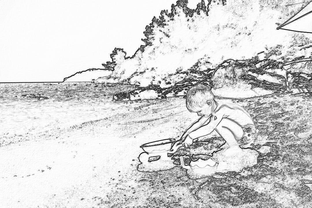 Black and white line drawing, coloring page style of a little boy playing with sand on the beach. The background is white, with some details in color to be colored by children. There’s an old wooden boat behind him. He has his hands covered up as if he was building something out there. In front of him lies a big pile of rocks. It should feel like a scene from island life, and capture young joy and freedom in the style of island life.