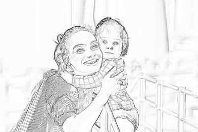 A drawing of an old woman smiling and holding her toddler, both standing on the deck of their cruise ship. The child is wearing stripes. They look at each other lovingly in the style of a pencil sketch. It's a bright sunny day outside. In front of them you can see white lights and metal railings.