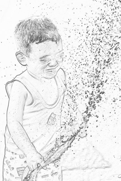 A boy splashing water on his face, laughing heartily. Sketch style, white background. The sketch should capture the joy and excitement of playing in puddles with intricate details for coloring, including elements like droplets and ripples around him, without any color to emphasize simplicity and clarity. Black lines only, with detailed facial expressions showing happiness. in the style of minimalist line art, simple drawing, full body