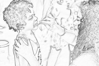 Black and white pencil sketch storyboard of close up, two women in their late thirties with curly hair standing face to face about one meter apart kissing each other on the cheek while holding glasses filled by beer. The background is blurry, in line art style, pencil drawing, simple lines, white background, 2D, simple black outline