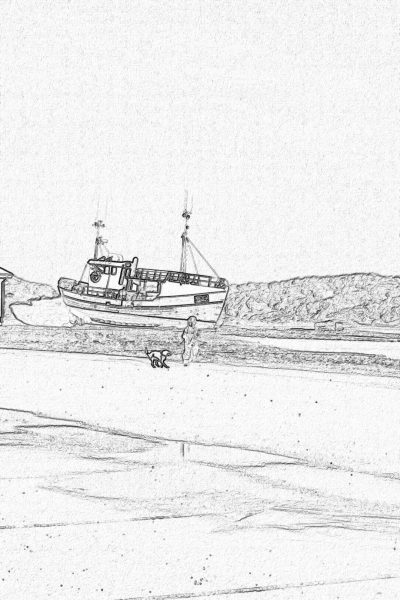 Pencil drawing sketch of a fishing boat on dry land, using simple lines with low detail against a solid white background. The style is simple line art for an adult coloring book page, with no shadows or shading using only light pastel soft gray color. A dog sits next to the boat. In the distance, a small seaside village can be seen in the style of a minimalistic landscape. The image is high resolution with sharp focus in a realistic style.