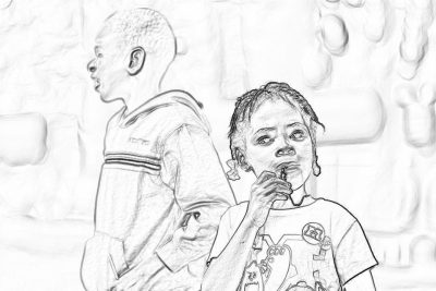 a black and white drawing of an African American little girl wearing tshirt with Nike logo, standing next to her older brother who is eating ice cream in front off the camera while looking at him from behind his back, simple line art style, pencil sketch, children's coloring page for kids, no shading, low detail, thick lines, clean background,