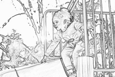 coloring page for kids, very cute zombie baby climbing the slide in an indoor playground, cartoon style, low detail, thick lines, no shading in the style of cartoon.