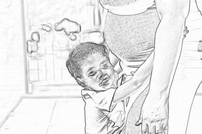 coloring page, african american baby boy being held up in the style of his mother's leg and reaching for the camera, white background, low detail, no shading, black lines