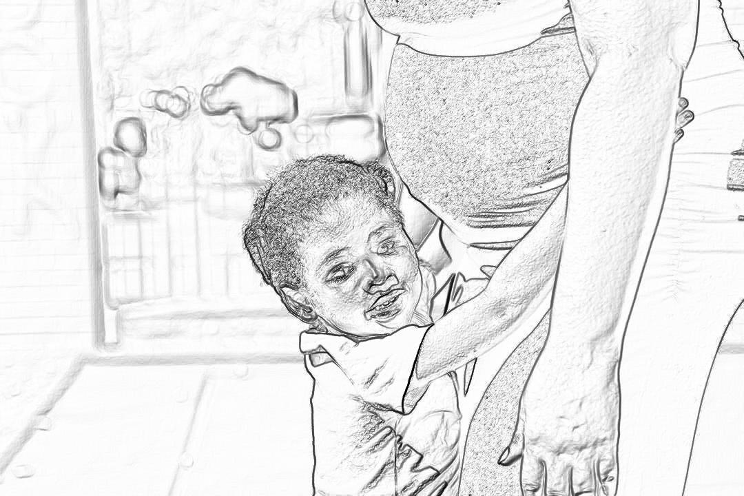 coloring page, african american baby boy being held up in the style of his mother’s leg and reaching for the camera, white background, low detail, no shading, black lines