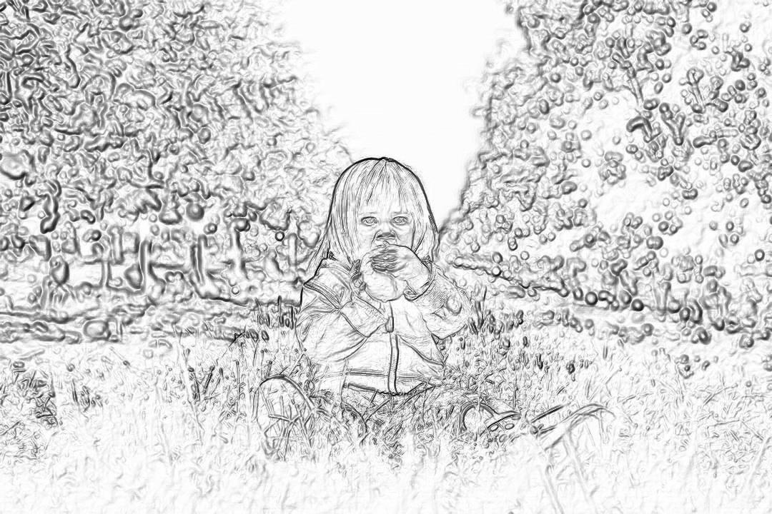 Black and white line drawing of a little girl sitting on the grass, eating an apple in front of her trees with flowers blooming. She has long hair tied back by two braids. Her were covered with dust from playing. The background is blurred. Coloring page style. Black pencil lines, white color fill.