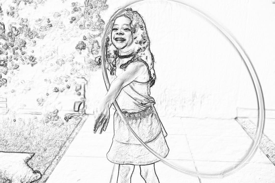 coloring page, sketchy drawing of a smiling little girl playing with a hula hoop in the garden, in the style of black and white pencil.