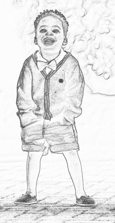 A full-body black-and-white pencil sketch of an African American boy smiling, wearing shorts and a school uniform sweater with a tie, posing for the camera. The background is a simple drawing of clouds in the style of a children's book illustration.