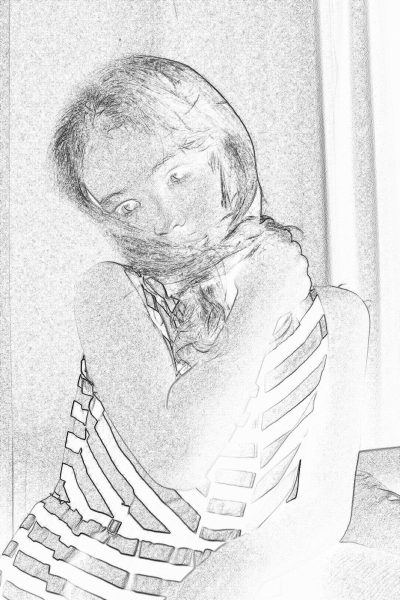 A pencil drawing of an attractive woman sitting on the edge of her bed, wearing skeleton pajamas made from white plastic with black lines, hugging herself and looking through a foggy window. The background is blurred. She has long hair covering half of her face, smiling softly. Her expression looks happy but sad. Light shines in front to capture her silhouette. It's a pencil sketch on white paper in the style of [Edvard Munch](https://goo.gl/search?artist%20Edvard%20Munch).