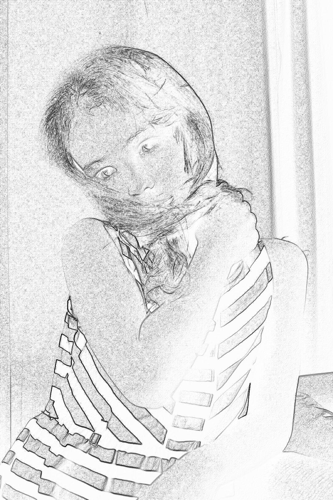 A pencil drawing of an attractive woman sitting on the edge of her bed, wearing skeleton pajamas made from white plastic with black lines, hugging herself and looking through a foggy window. The background is blurred. She has long hair covering half of her face, smiling softly. Her expression looks happy but sad. Light shines in front to capture her silhouette. It’s a pencil sketch on white paper in the style of [Edvard Munch](https://goo.gl/search?artist%20Edvard%20Munch).