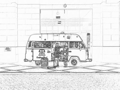 coloring page, white background, simple lines, low detail, no shading, drawing of A coffee shop on wheels parked in front of the store with people drinking their drinks and watching an artist creating art inside. The van is decorated like it's from another era, complete with vintage wood panel walls and classic bus windows. In one window, there should be a small counter for customers to order at. On its side doors, you can see shelves filled with various shades of coffee beans. in the style of disney pixar